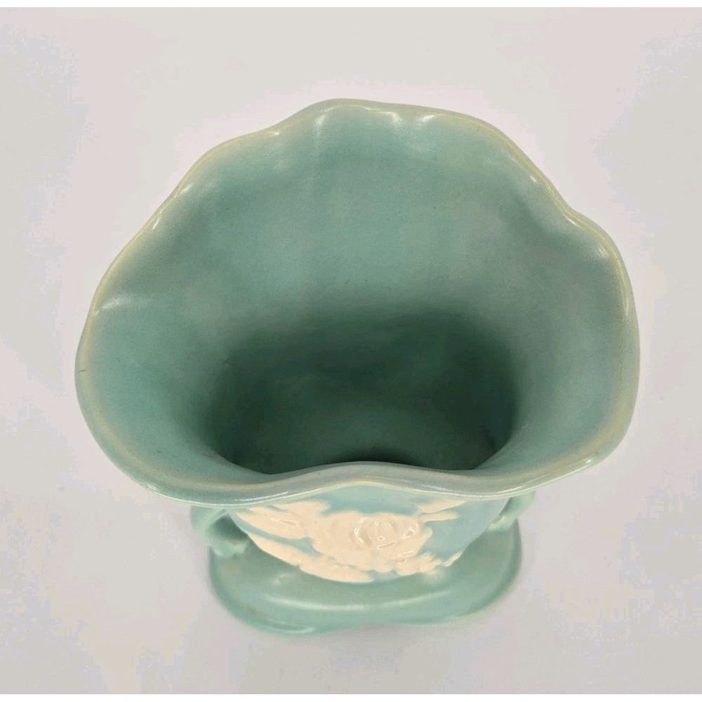 Vintage Weller Cameo Rose Vase Aqua Green White Floral Double Handle 7 In Deco - Picture 7 of 11